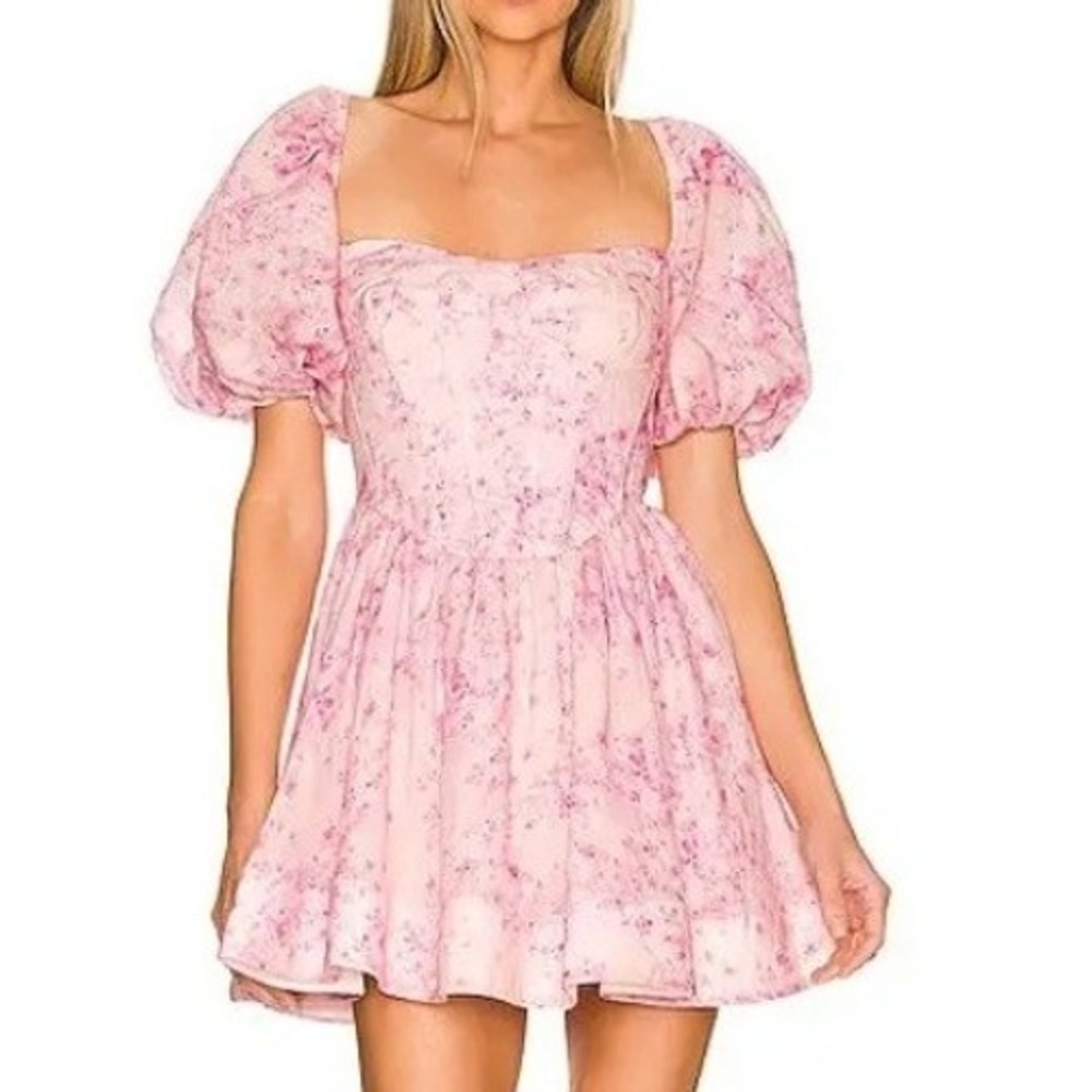 NWT Bardot Kiah Corset Mini Dress Pink Garden Floral Puff Sleeve US 10